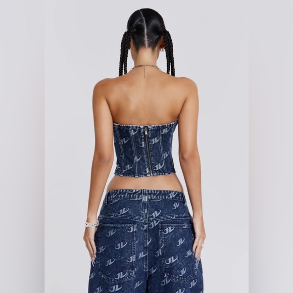 ❌SOLD❌ Jaded London Denim Monogram Strapless Buckle Logo Hardware Corset Top - Picture 6 of 7